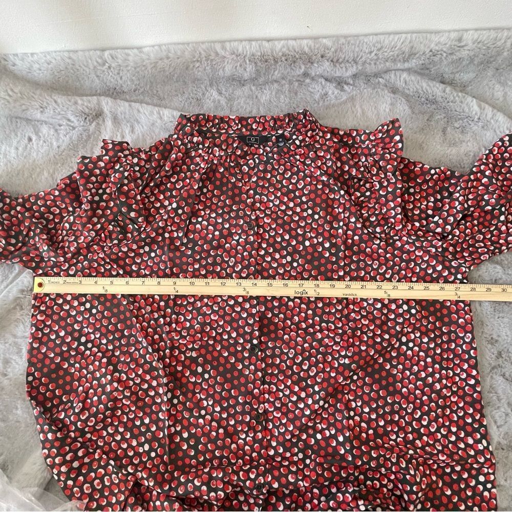 G by Giuliana Feminine Chic Ruffle Shoulder Blouse Red Pink Polka Dot Top 2X - Picture 7 of 11